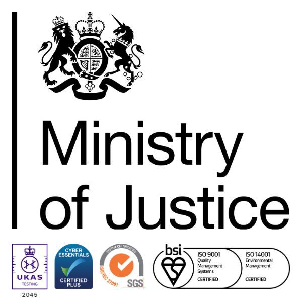 Quality Logos - Ministry of Justice, UKAS, Cyber Essentials, SGS, BSI
