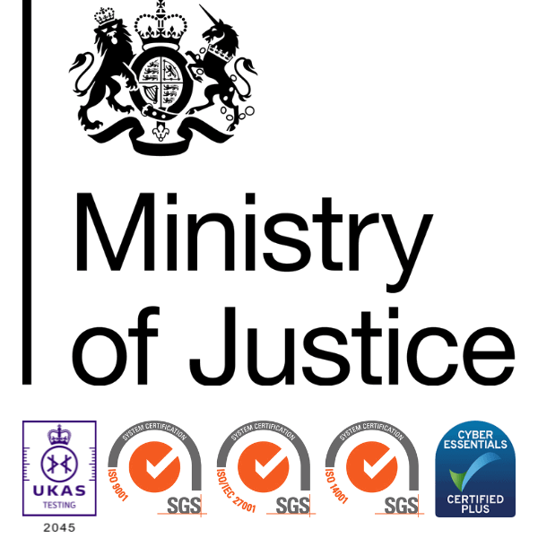 Ministry of Justice, SGS, UKAS and Cyber Essentials Plus logos